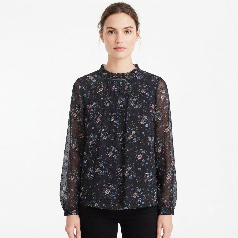 LOFT Blouse Womans Medium Floral Swiss Dot Ruffle Neck‎ Blouse Black Pink Blue